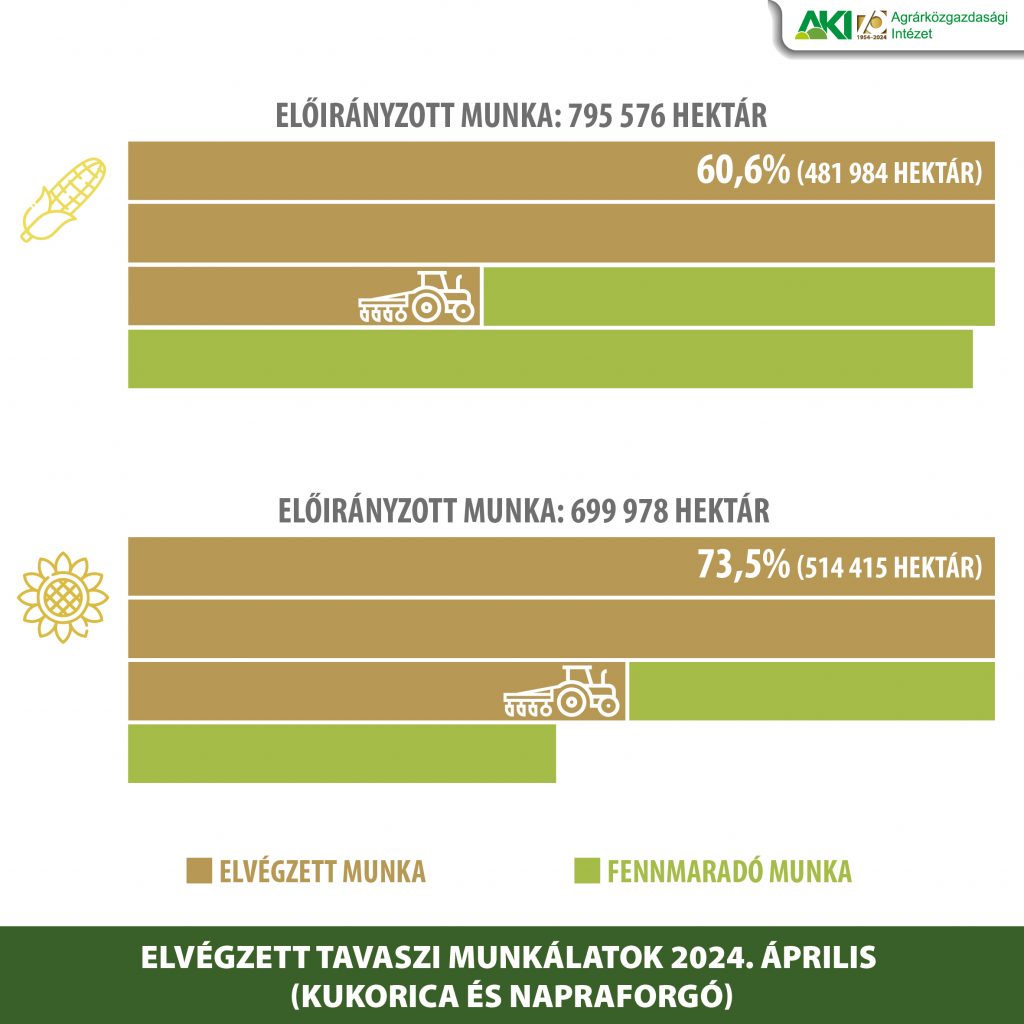 A kukorica és a napraforgó tervezett, valamint elvégzett munkáinak aránya 2024. április 16-án