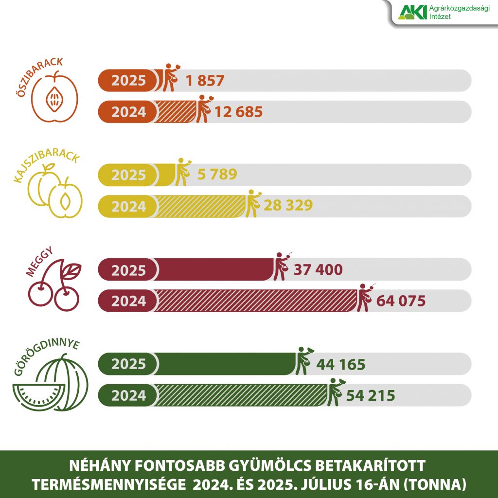 Nyari munkak 2025 vegleges julius Néhány fontosabb gyümölcs betakarított termésmennyisége 2024. és 2025. július 16-án (tonna)