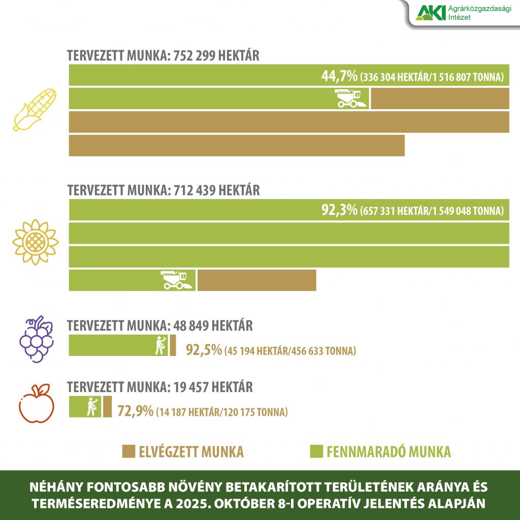 Oszi munkak 2025 vegleges október_Őszi mg munkák Néhány fontosabb növény betakarított területének aránya és terméseredménye a 2025. október 8-i operatív jelentés alapján